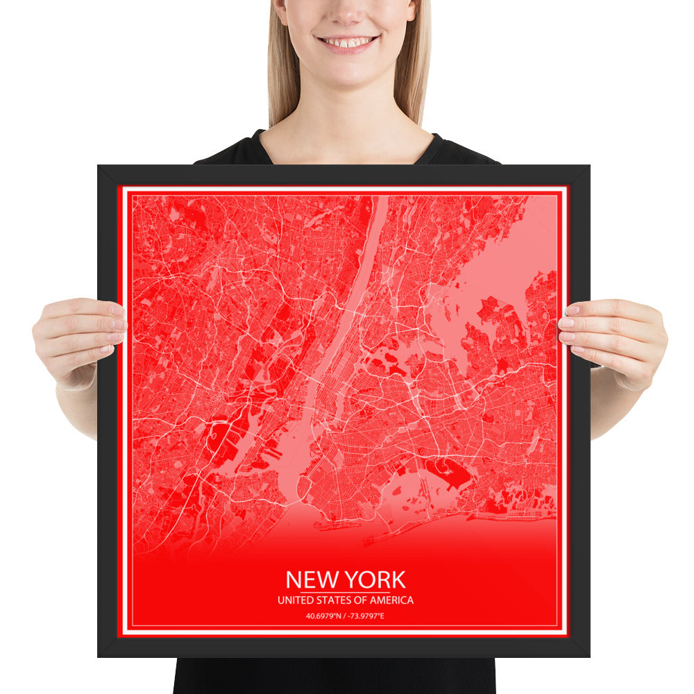 New York Red and White Framed Map