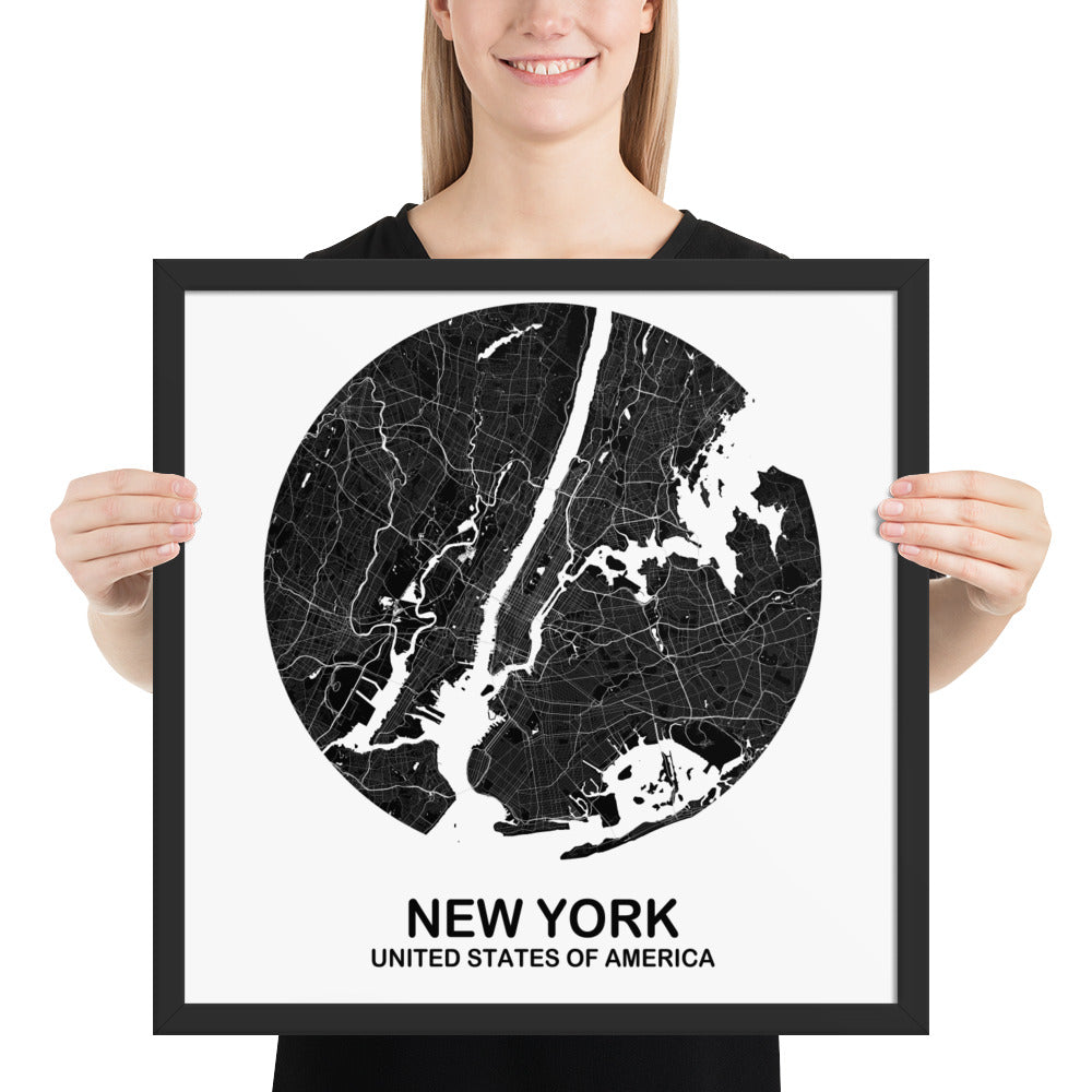 New York Circular Black Framed Map