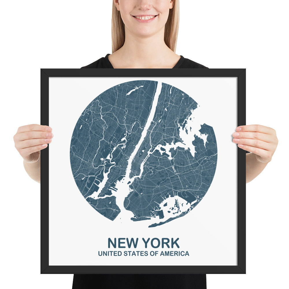 New York Circular Blue Framed Map