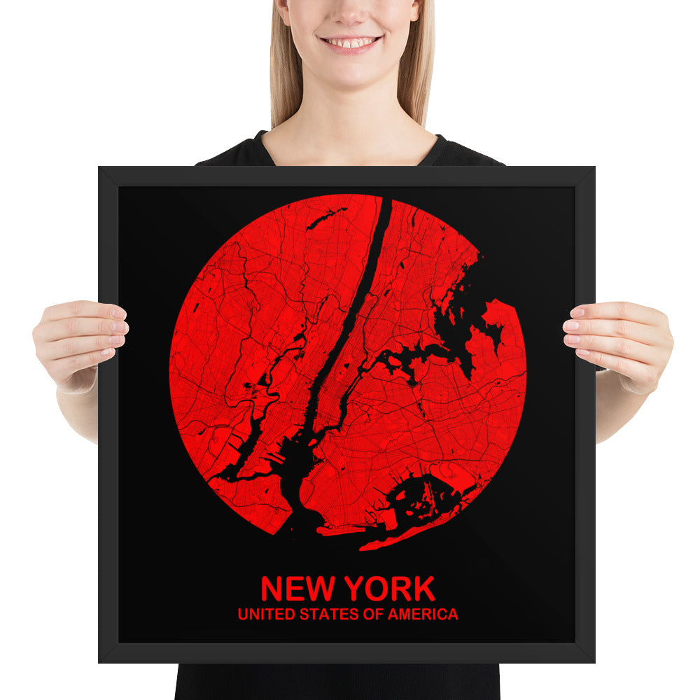 New York Circular Red Framed Map