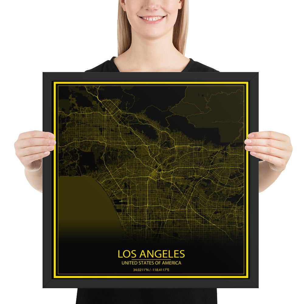 Los Angeles Black and Yellow Framed Map