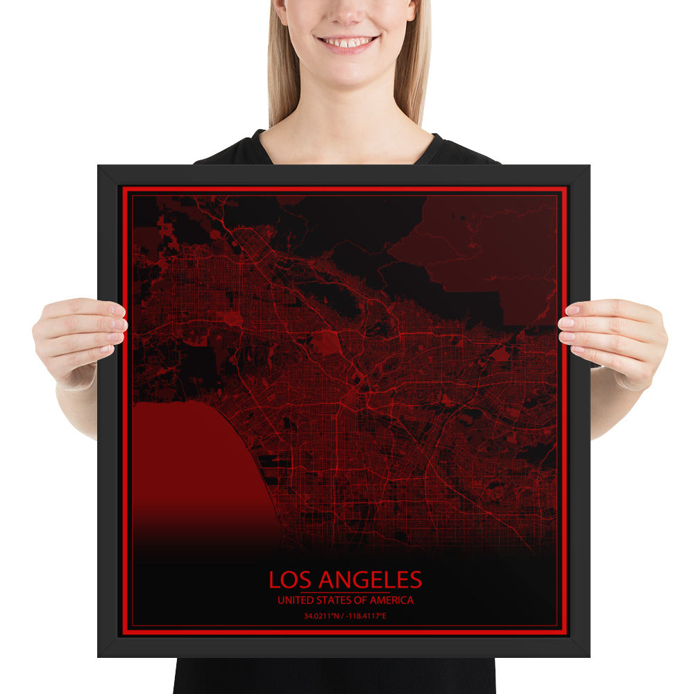 Los Angeles Black and Red Framed Map