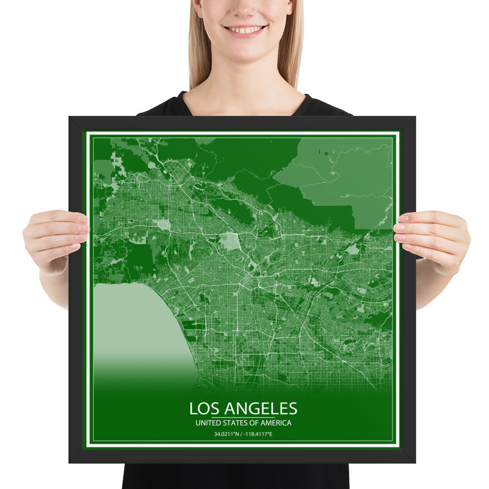 Los Angeles Green and White Framed Map