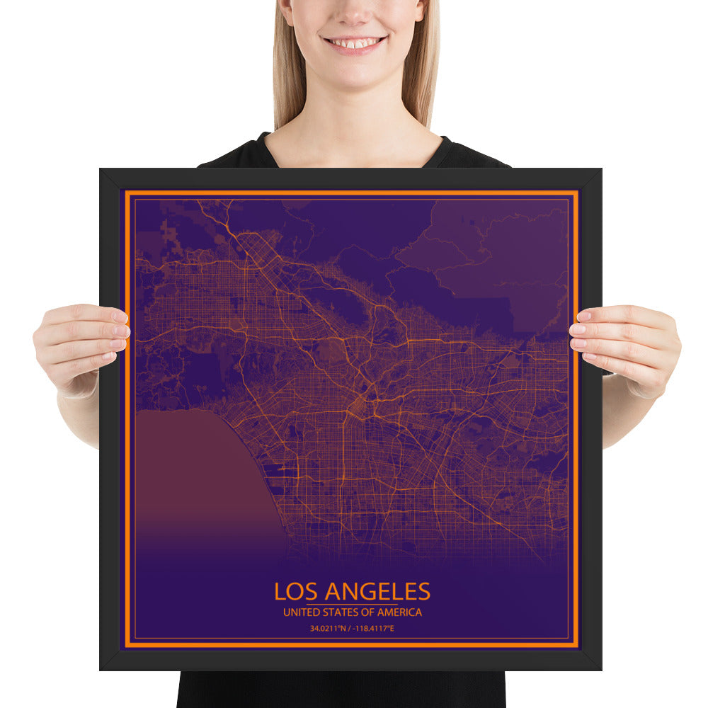 Los Angeles Purple and Orange Framed Map