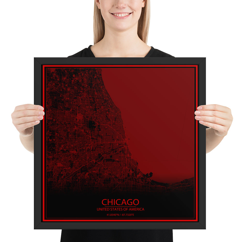 Chicago Black and Red Framed Map