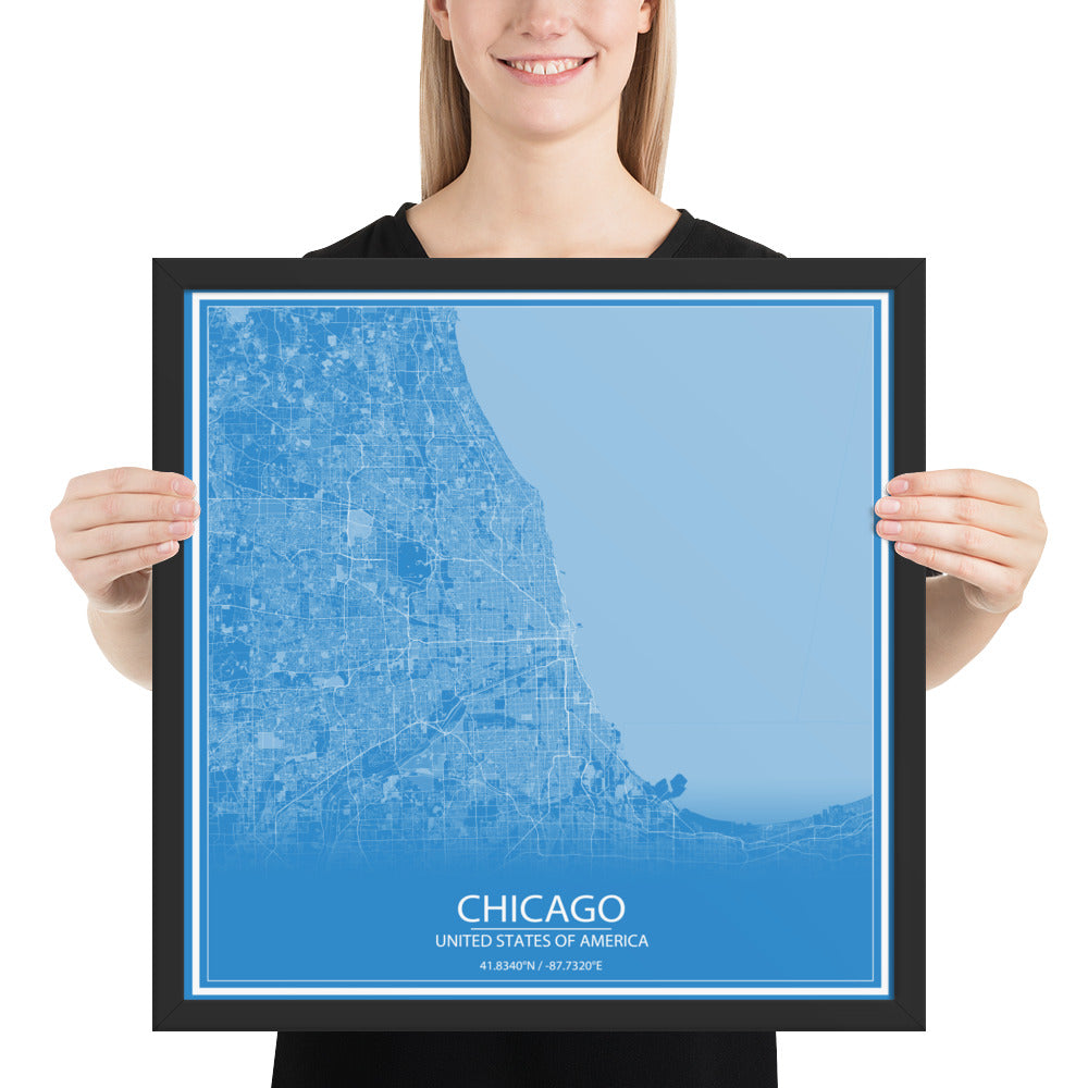 Chicago Blue and White Framed Map