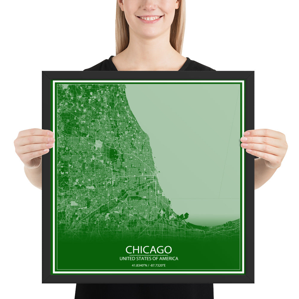 Chicago Green and White Framed Map