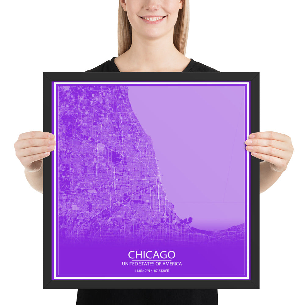 Chicago Purple and White Framed Map