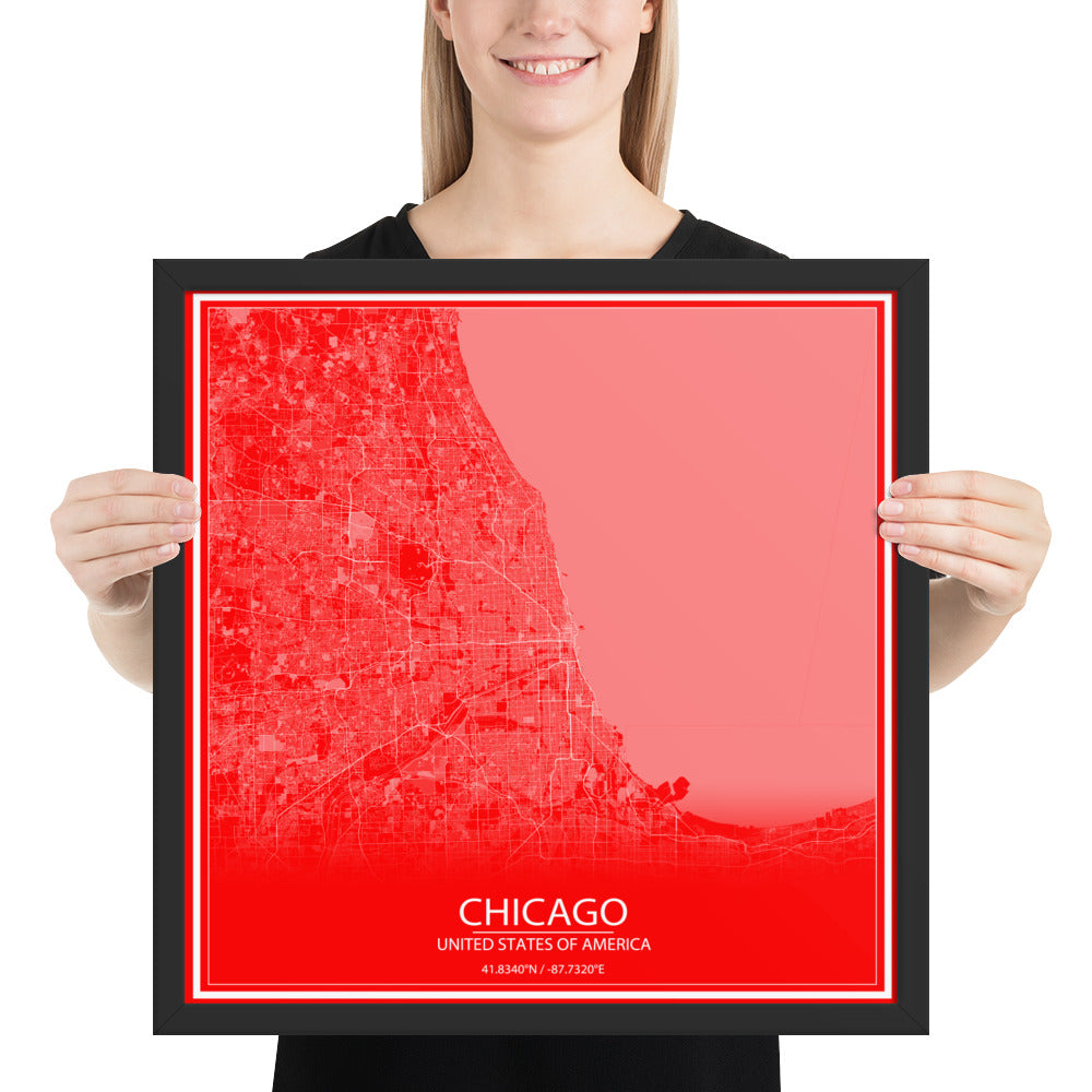 Chicago Red and White Framed Map