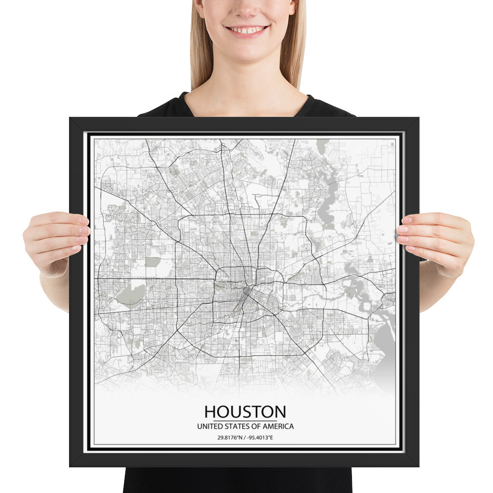 Houston White Framed Map