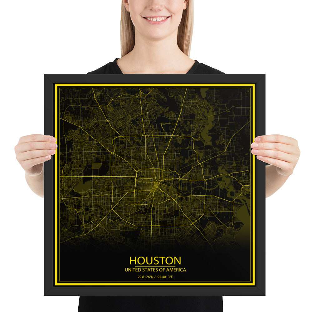 Houston Black and Yellow Framed Map