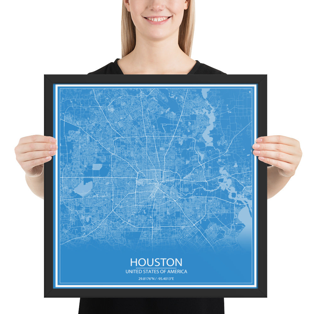 Houston Blue and White Framed Map