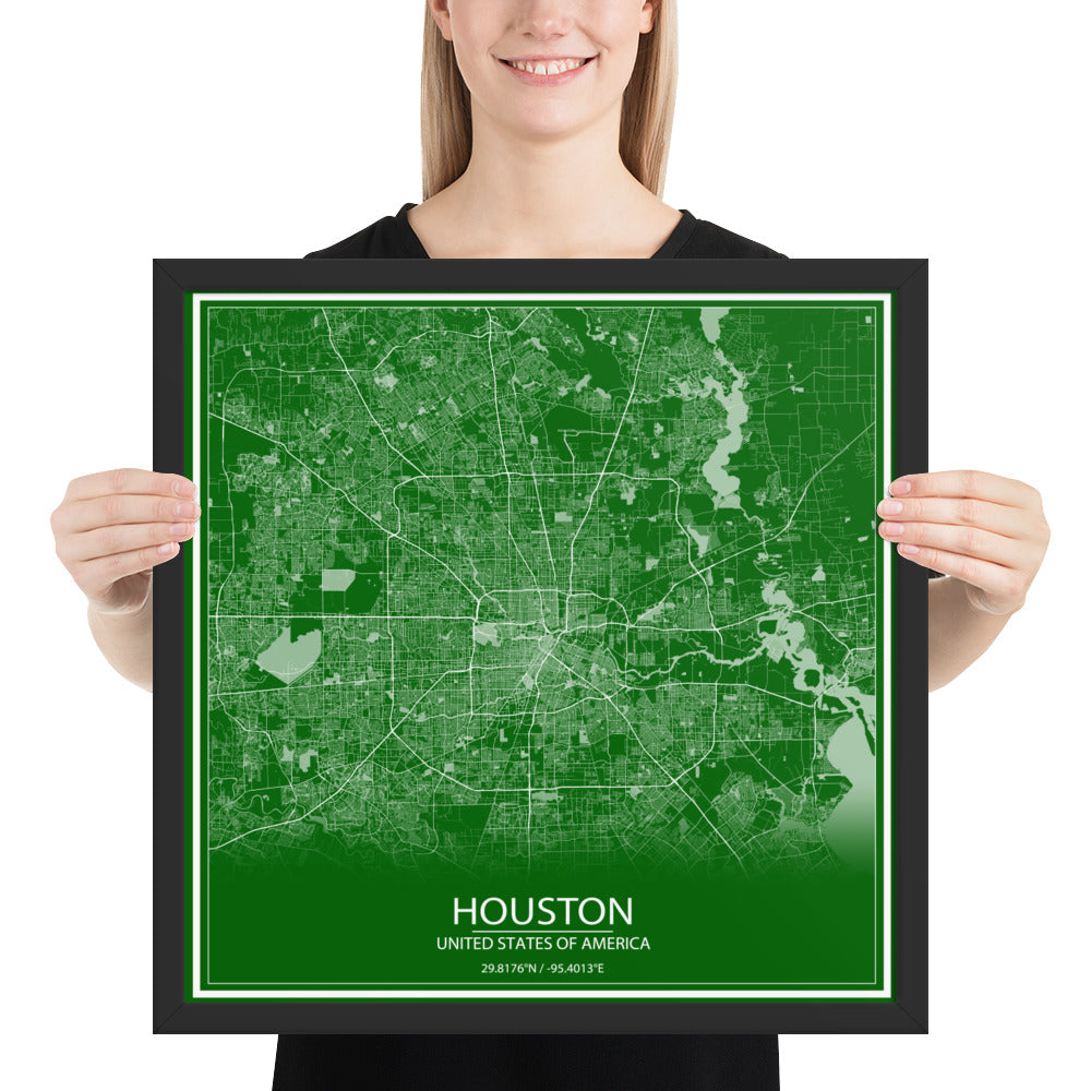 Houston Green and White Framed Map