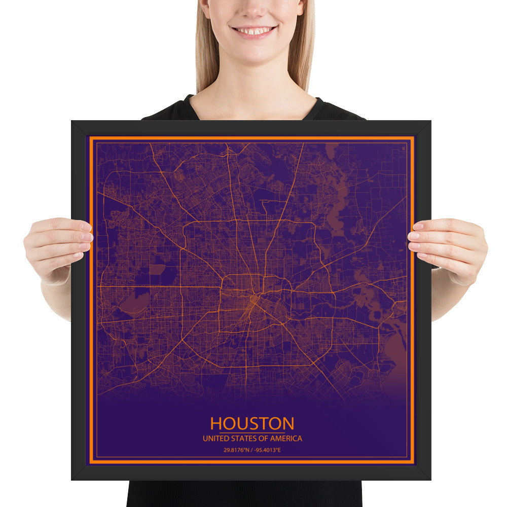 Houston Purple and Orange Framed Map