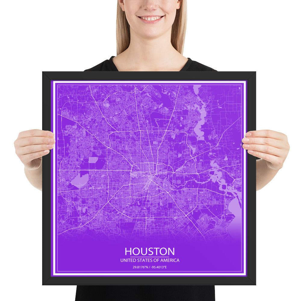 Houston Purple and White Framed Map