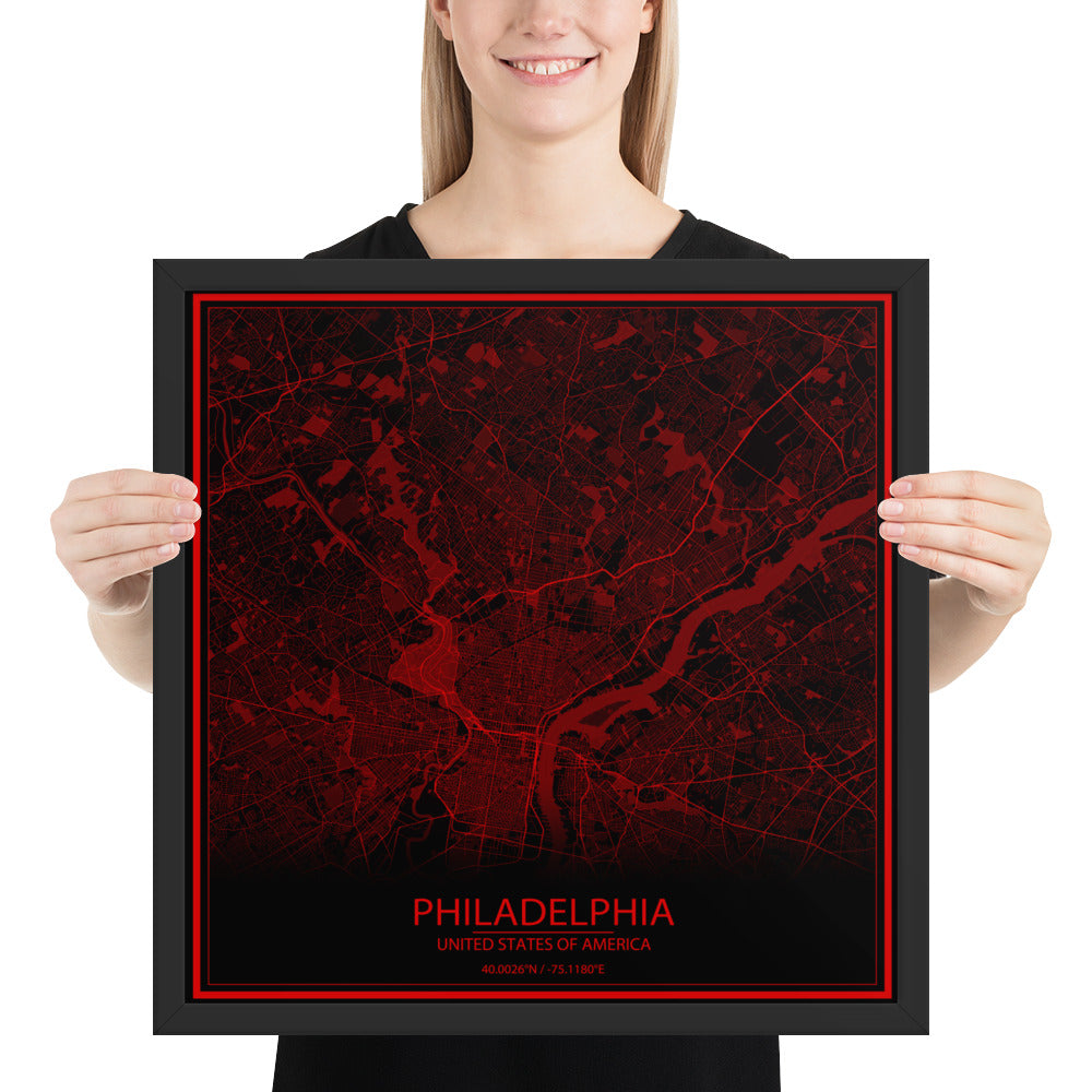 Philadelphia Black and Red Framed Map