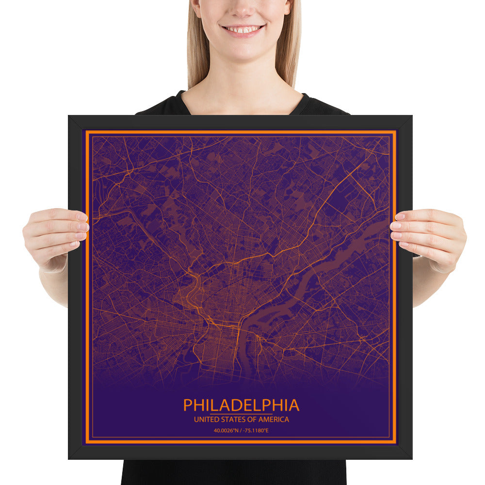 Philadelphia Purple and Orange Framed Map