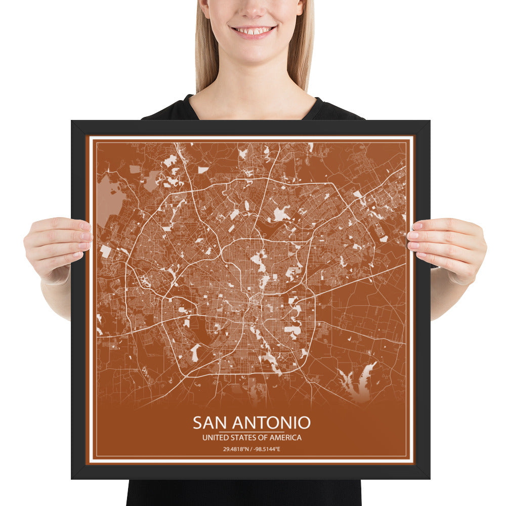 San Antonio Brown and White Framed Map