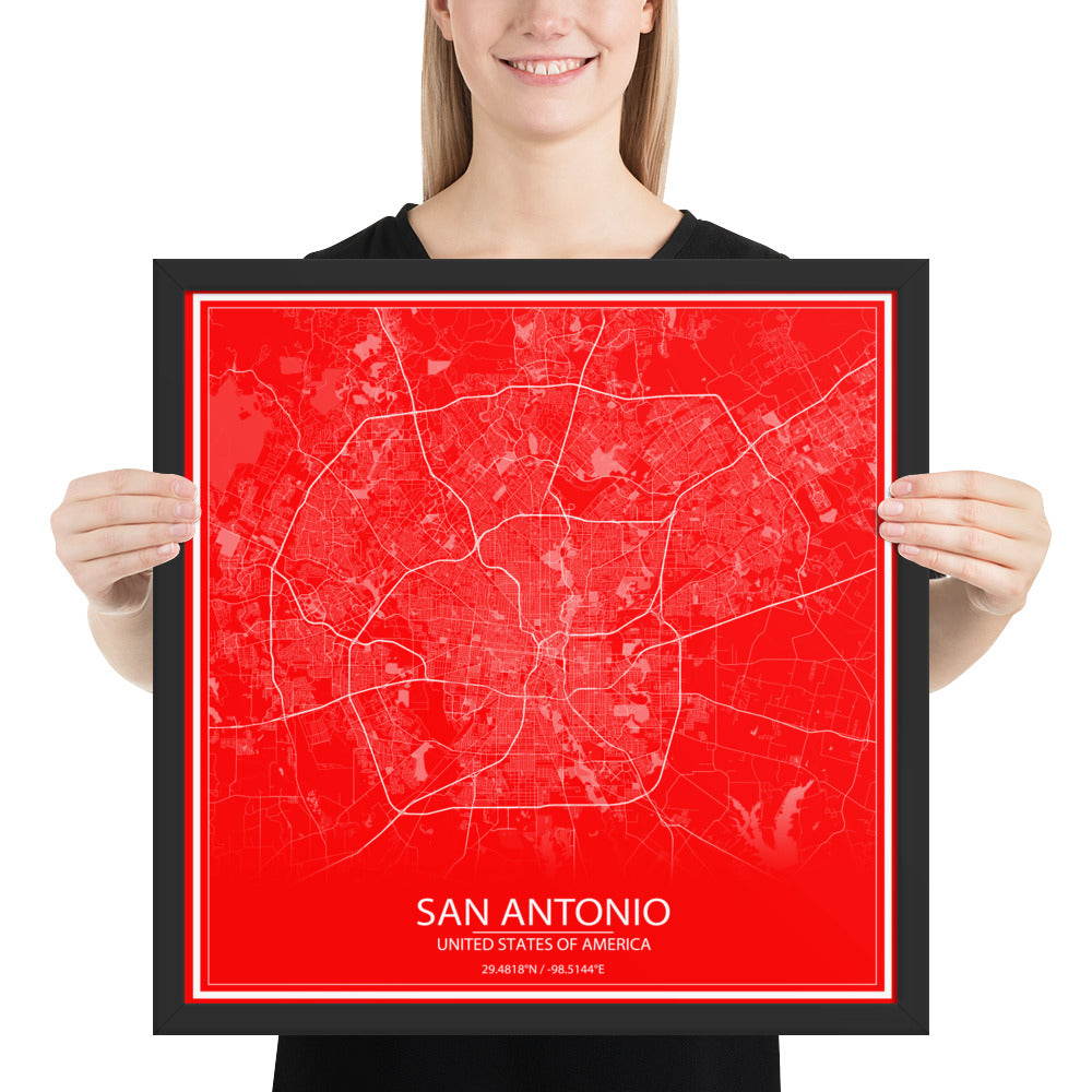 San Antonio Red and White Framed Map