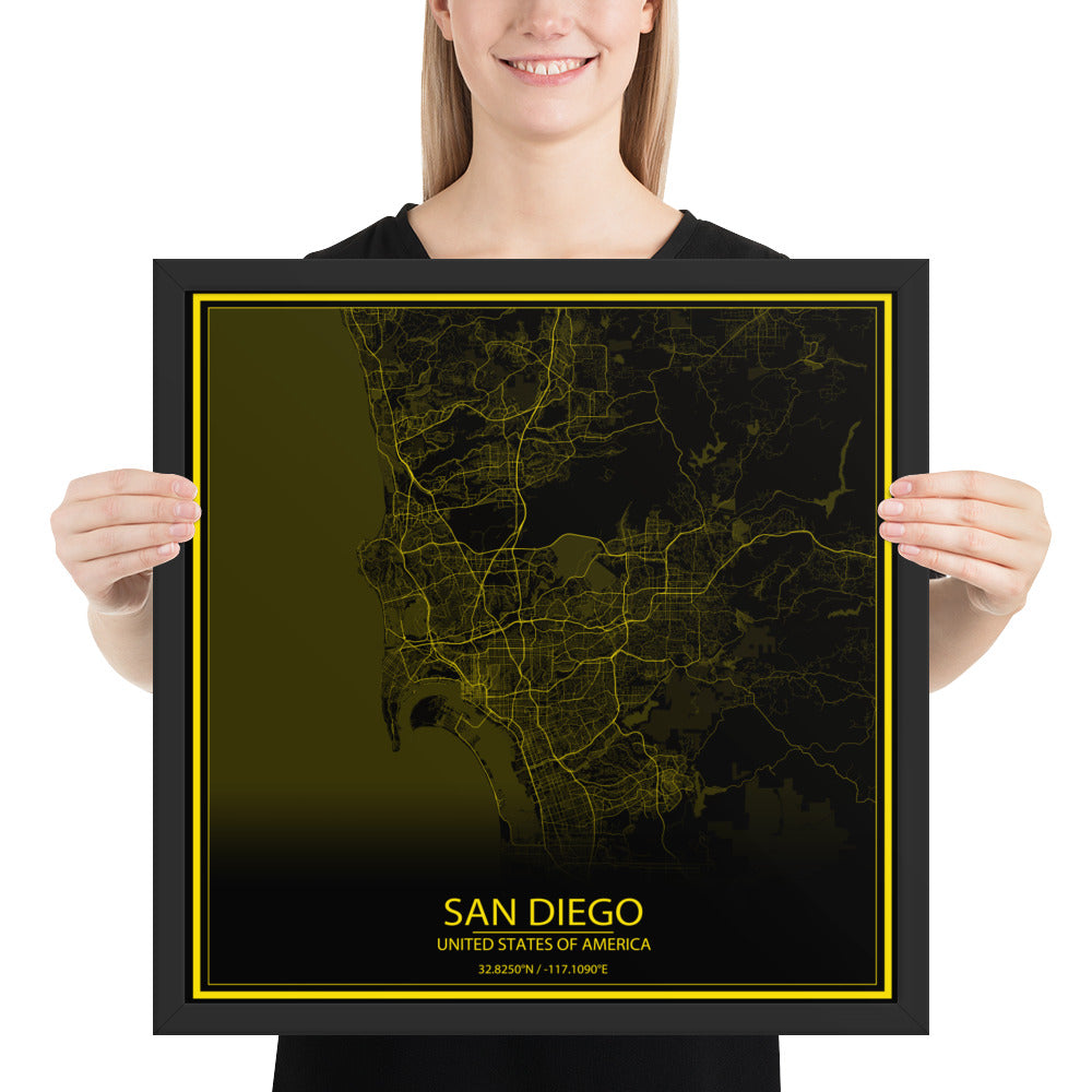 San Diego Black and Yellow Framed Map