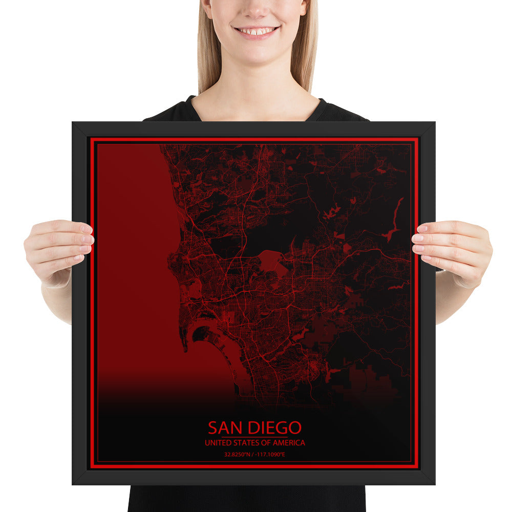 San Diego Black and Red Framed Map