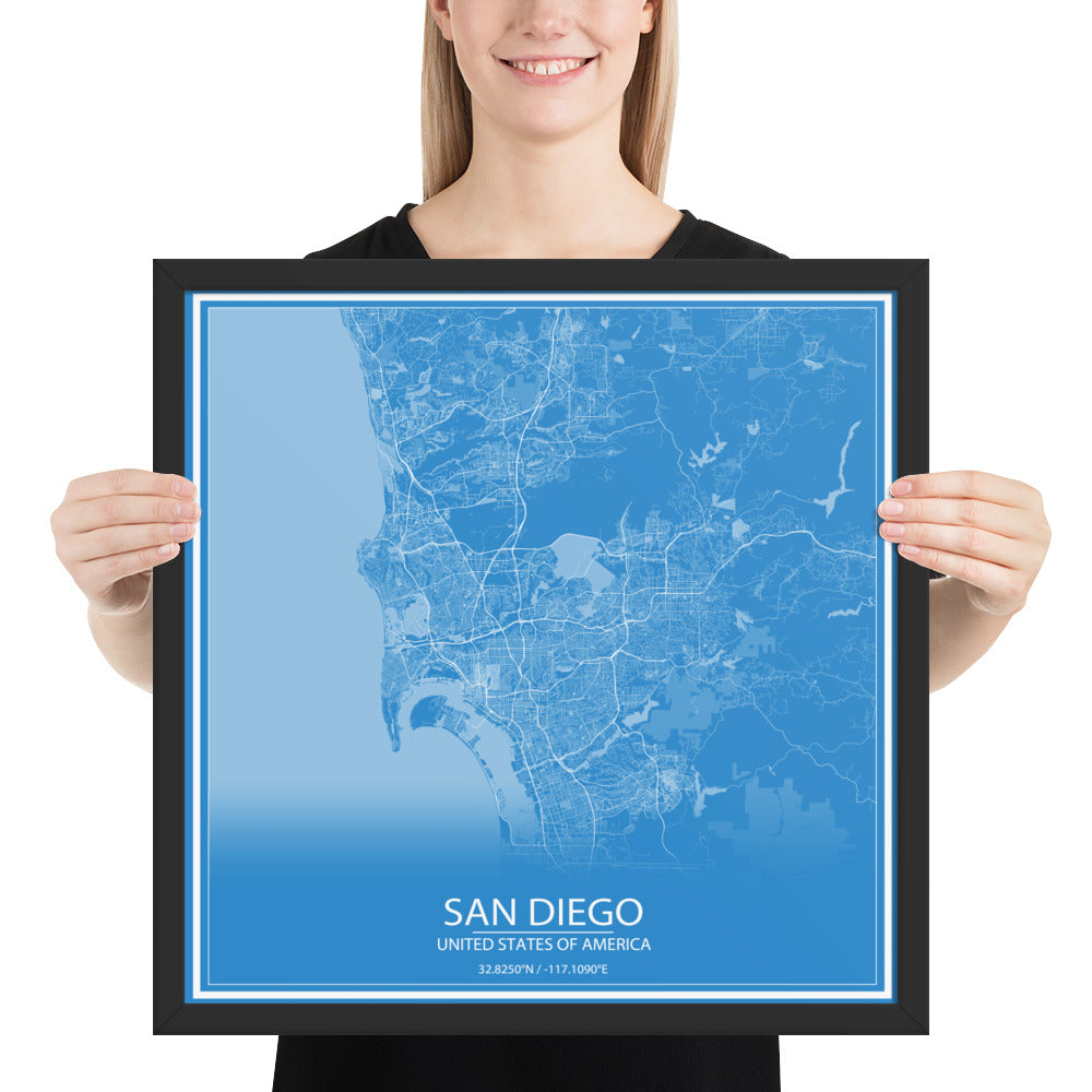 San Diego Blue and White Framed Map