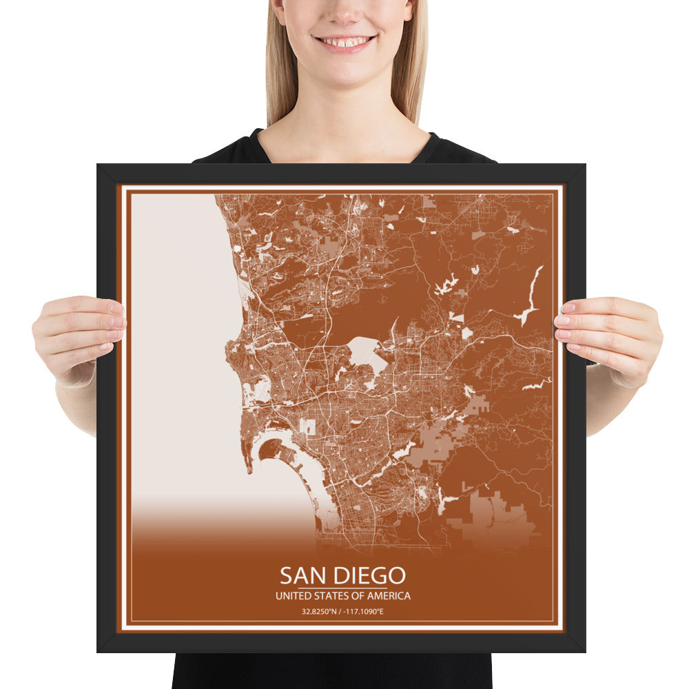 San Diego Brown and White Framed Map