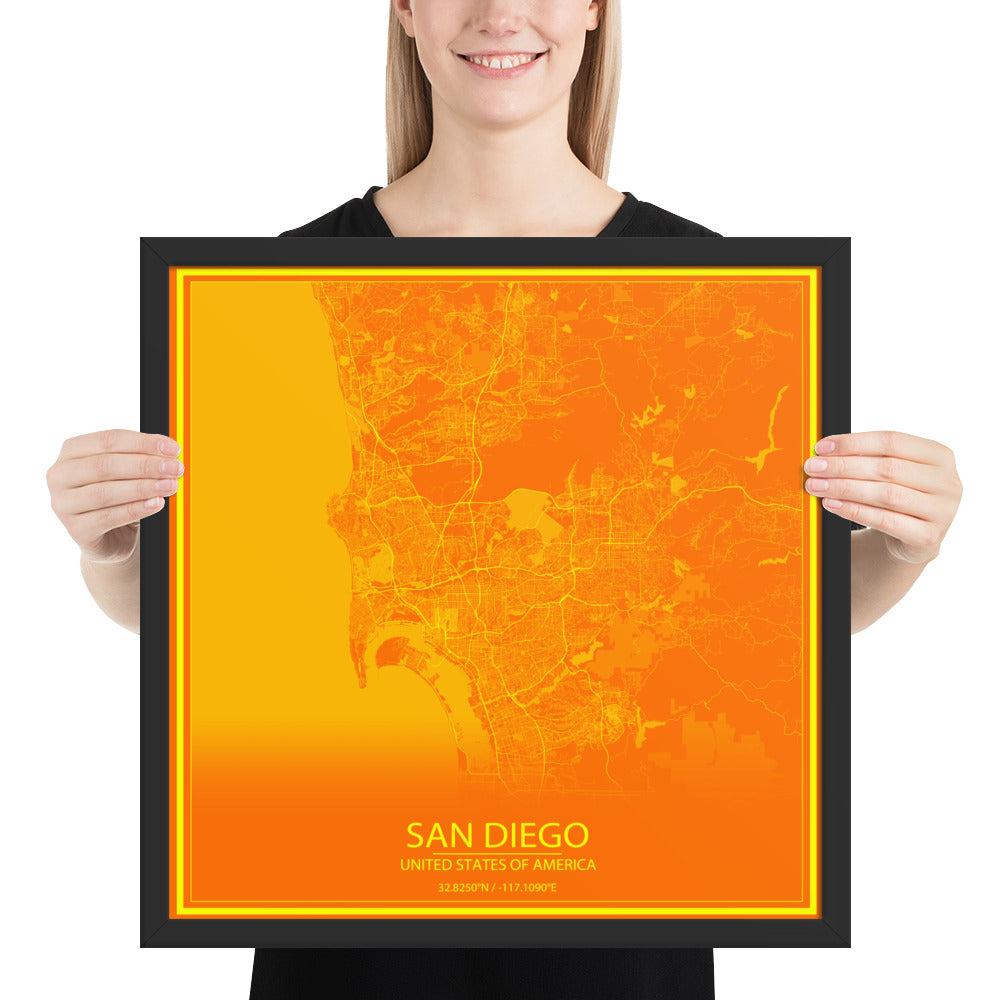 San Diego Orange and Yellow Framed Map