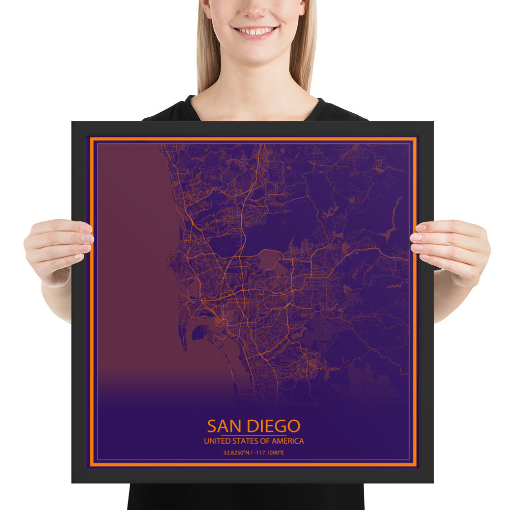 San Diego Purple and Orange Framed Map