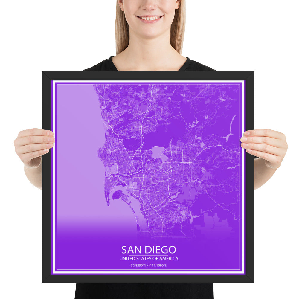 San Diego Purple and White Framed Map