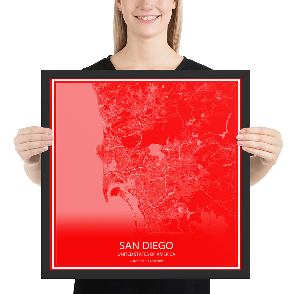 San Diego Red and White Framed Map