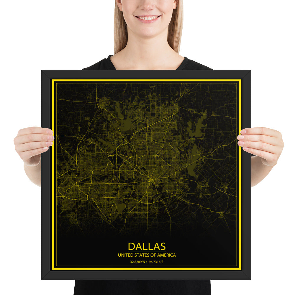 Dallas Black and Yellow Framed Map