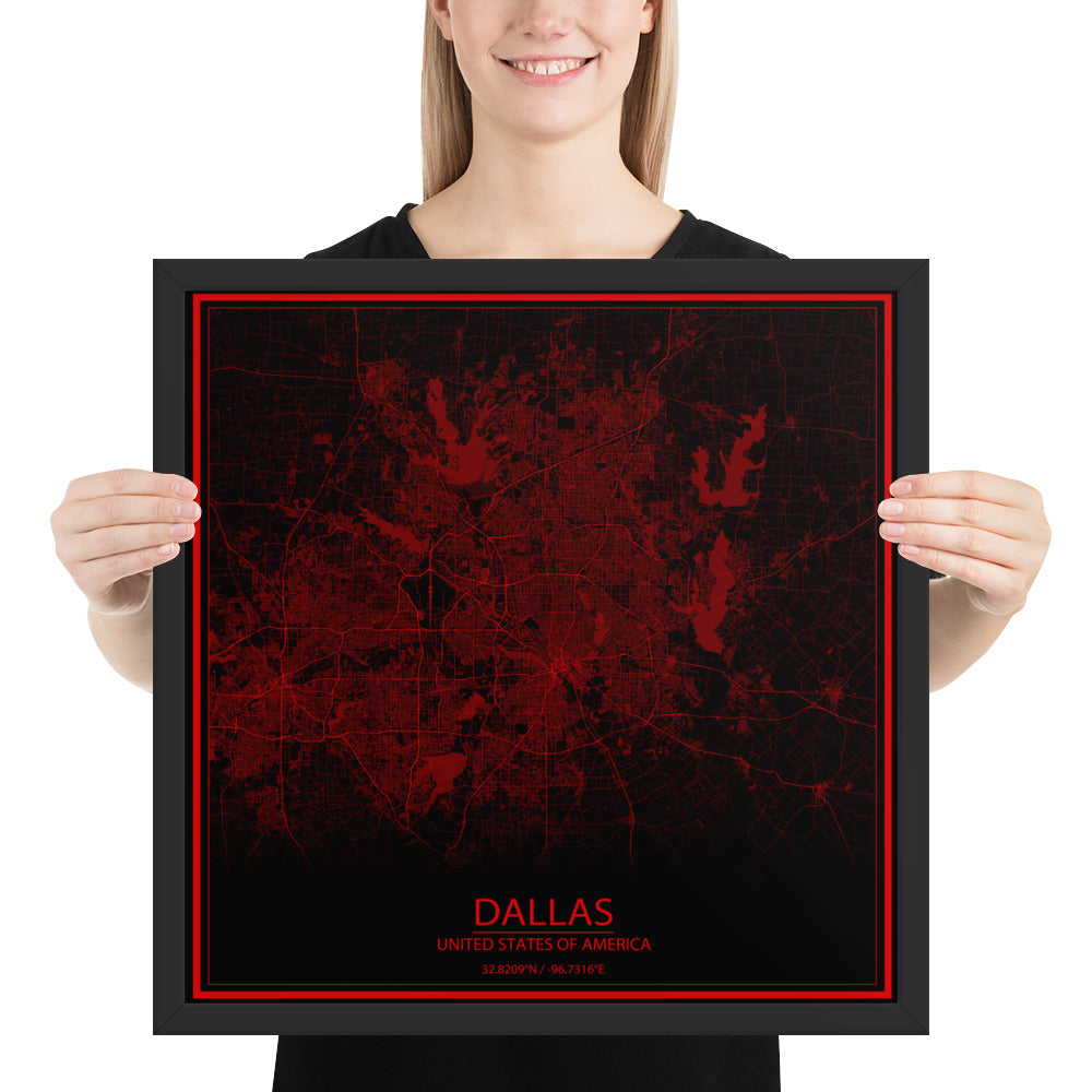 Dallas Black and Red Framed Map