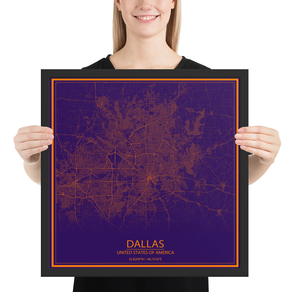 Dallas Purple and Orange Framed Map