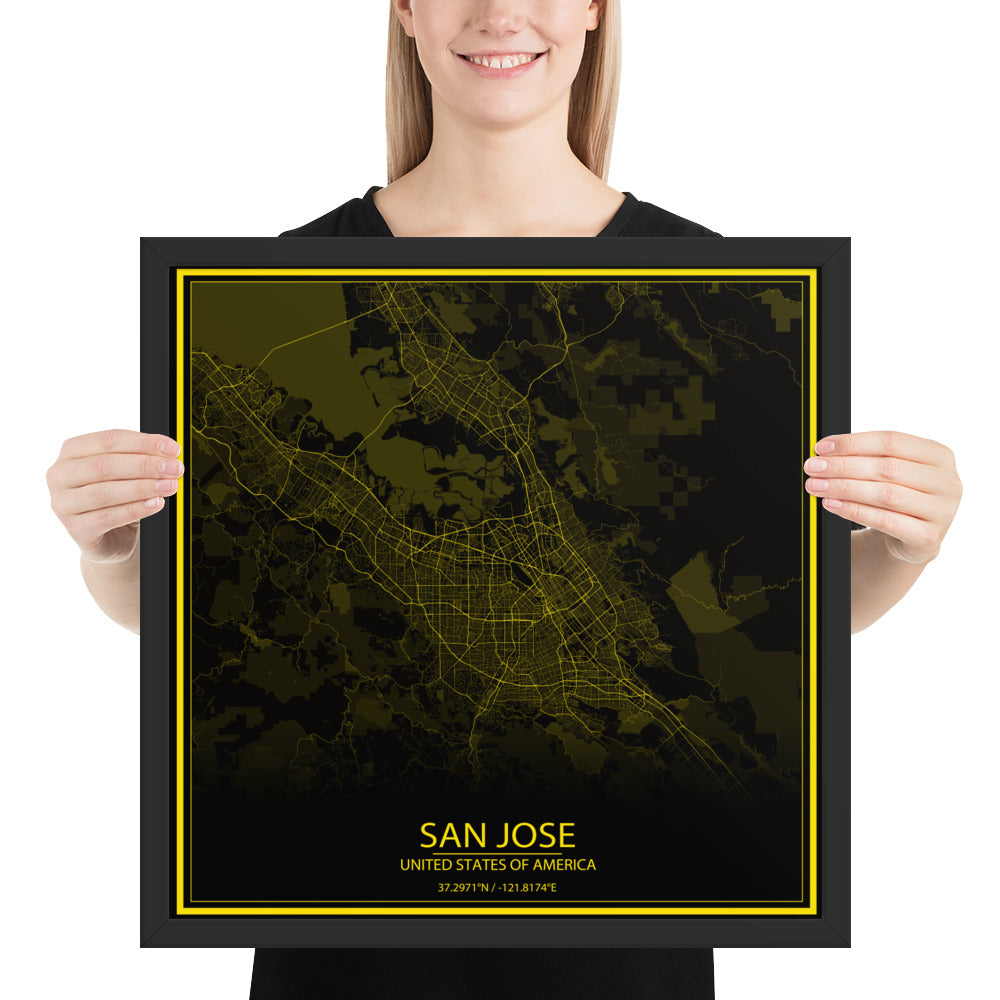 San Jose Black and Yellow Framed Map