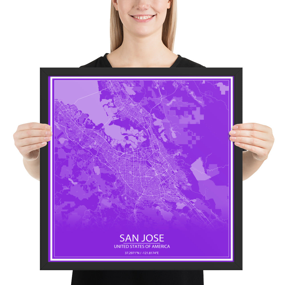 San Jose Purple and White Framed Map