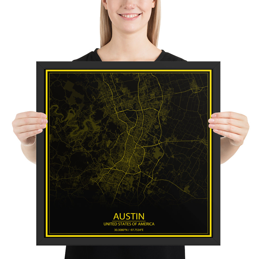 Austin Black and Yellow Framed Map