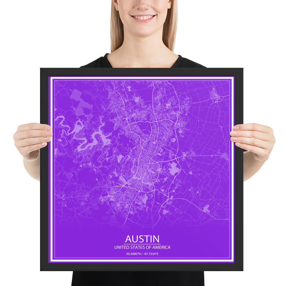 Austin Purple and White Framed Map