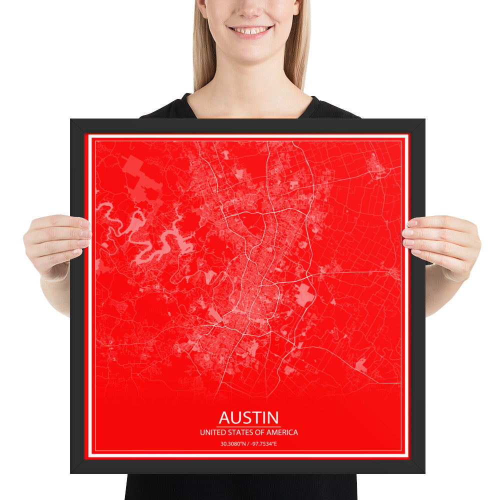 Austin Red and White Framed Map