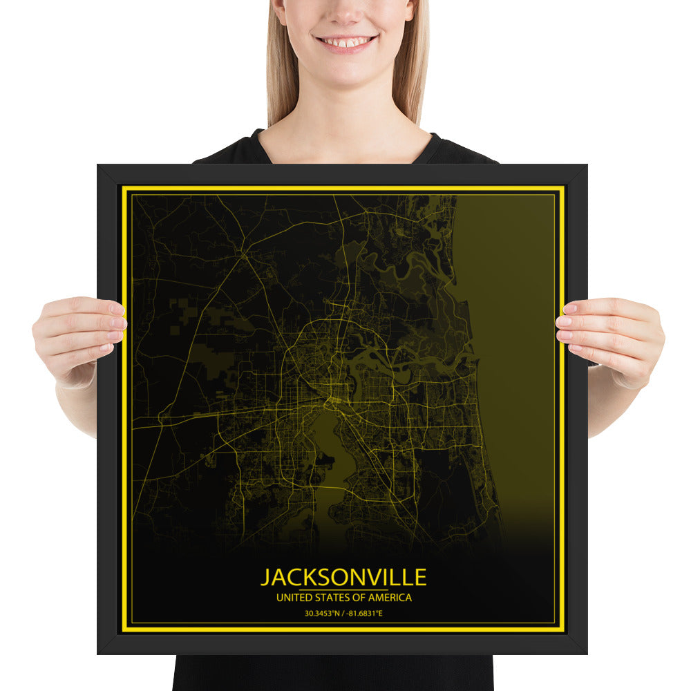 Jacksonville Black and Yellow Framed Map