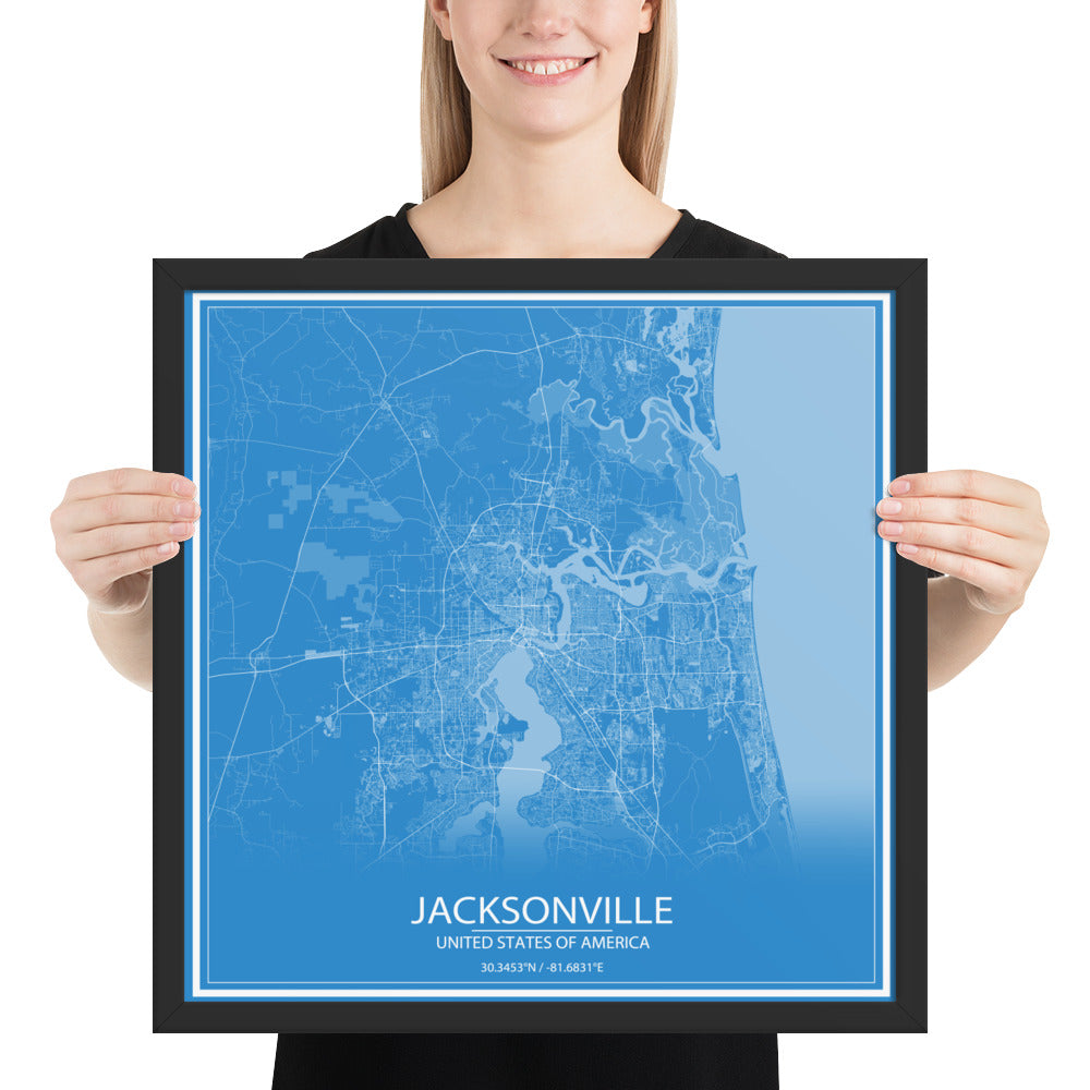 Jacksonville Blue and White Framed Map