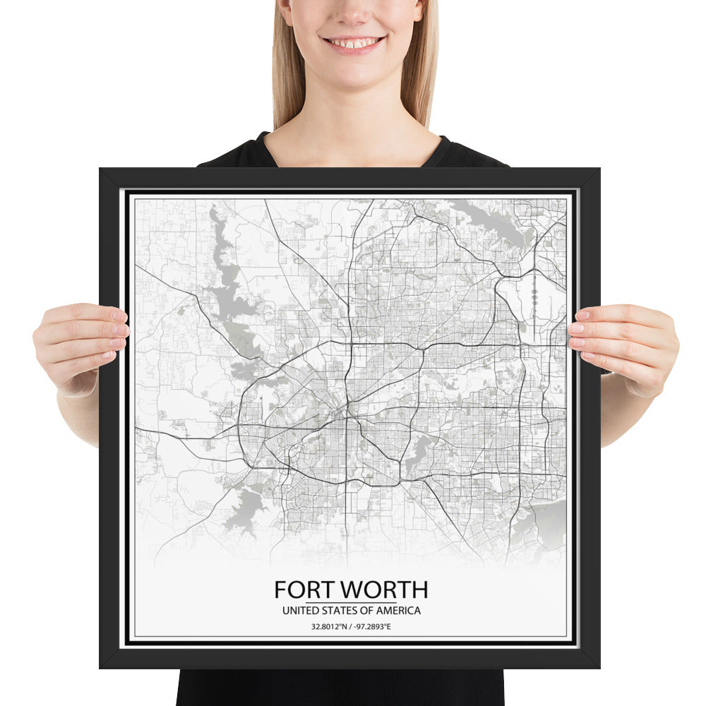 Fort Worth White Framed Map