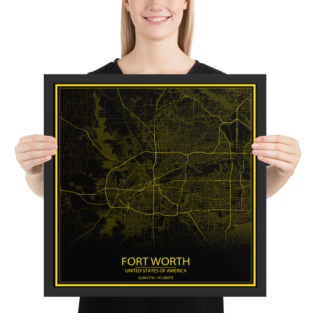 Fort Worth Black and Yellow Framed Map