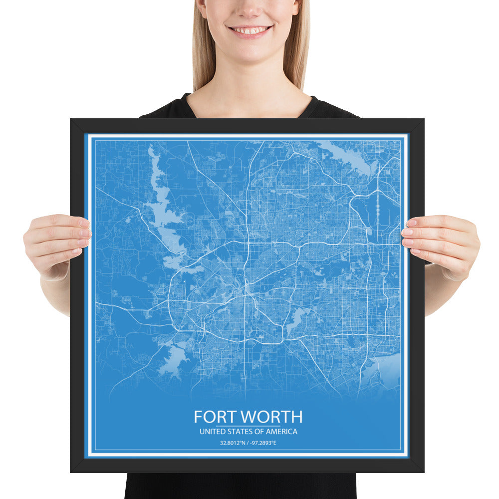 Fort Worth Blue and White Framed Map