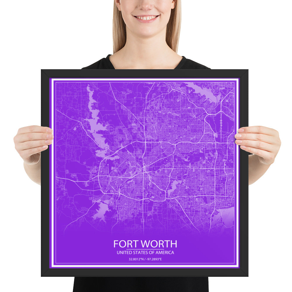 Fort Worth Purple and White Framed Map