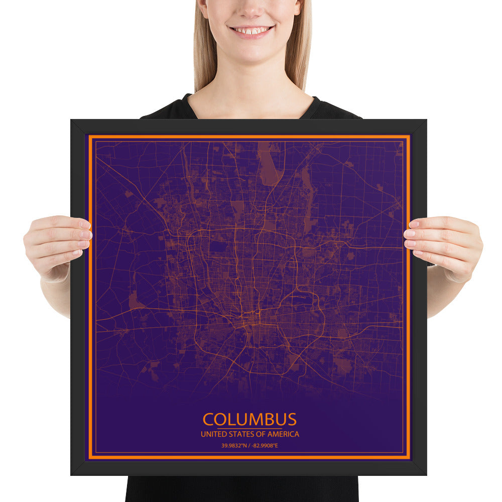 Columbus Purple and Orange Framed Map