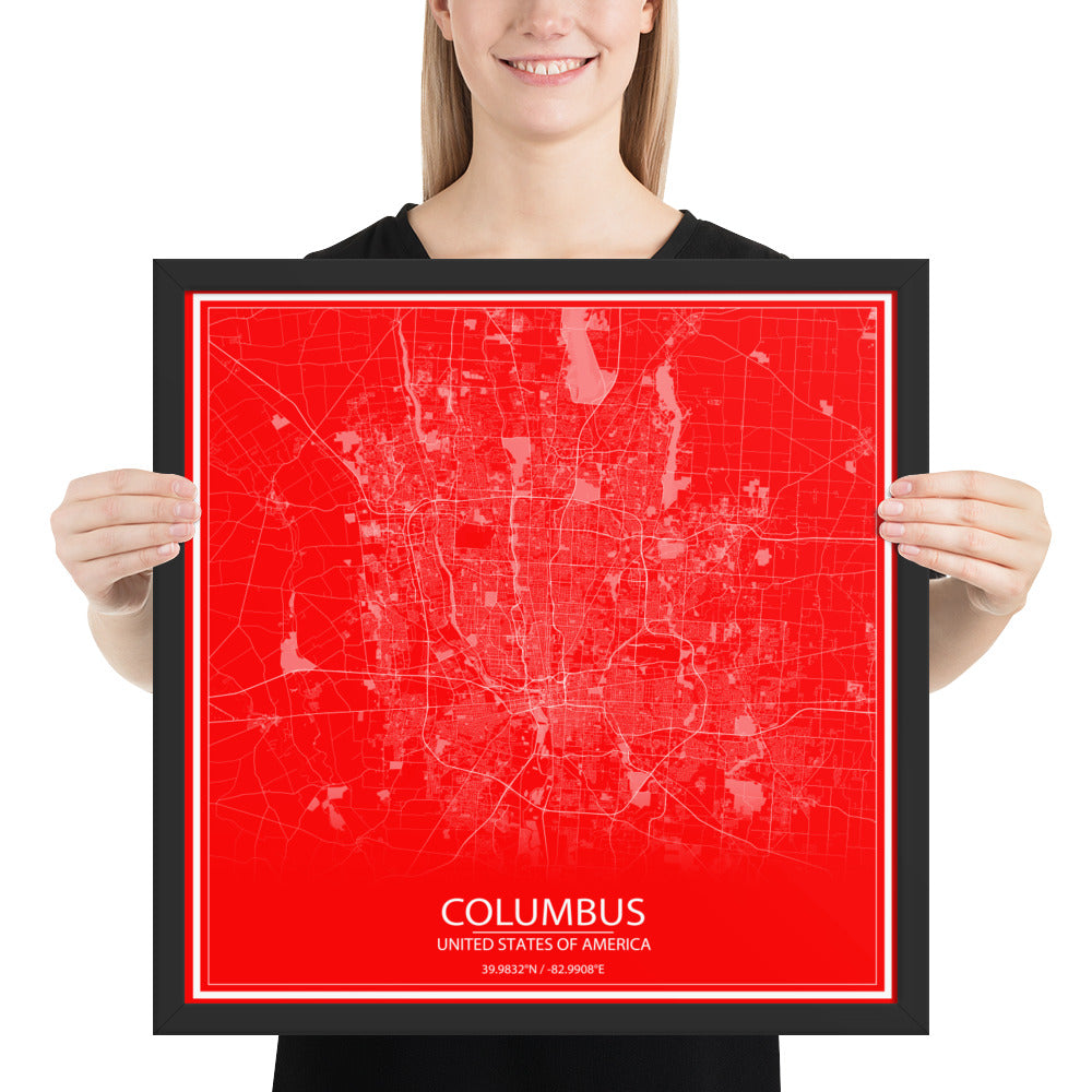 Columbus Red and White Framed Map