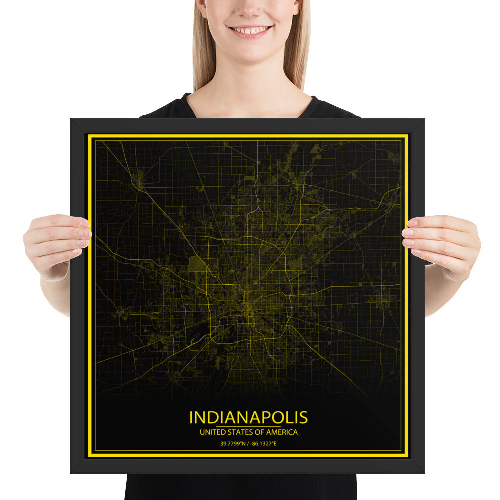 Indianapolis Black and Yellow Framed Map