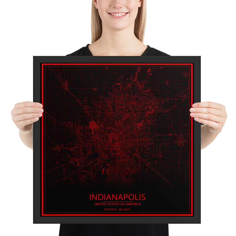 Indianapolis Black and Red Framed Map