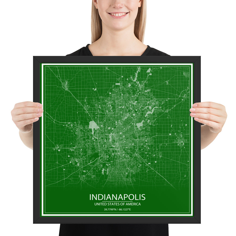 Indianapolis Green and White Framed Map